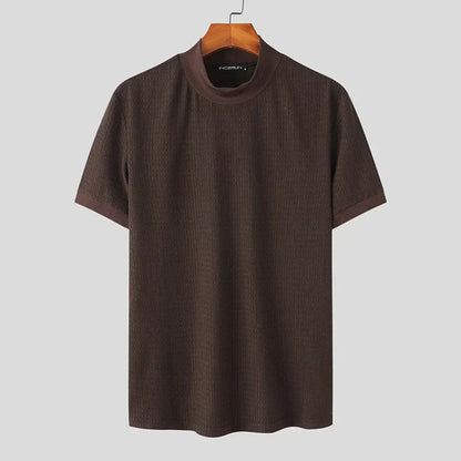 Heren Gebreide Mock Neck T-Shirt Fitted Korte Mouw