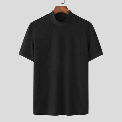 Heren Gebreide Mock Neck T-Shirt Fitted Korte Mouw