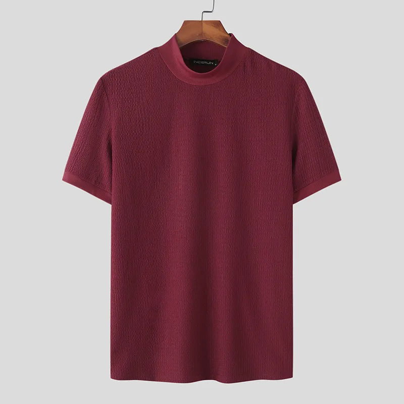 Heren Gebreide Mock Neck T-Shirt Fitted Korte Mouw