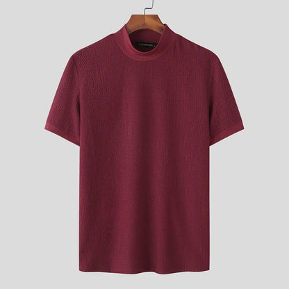 Heren Gebreide Mock Neck T-Shirt Fitted Korte Mouw