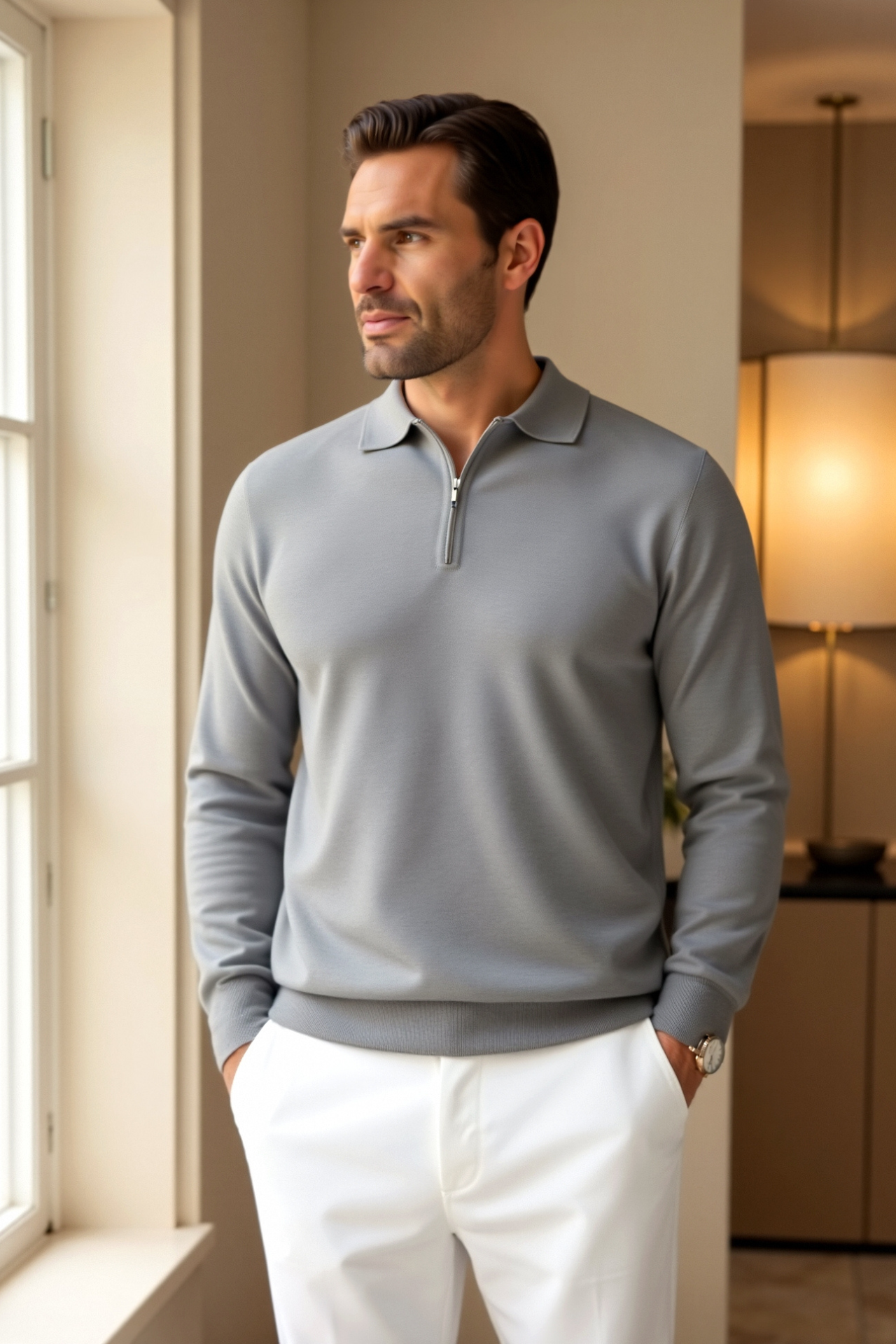Heren Polo Trui met Rits Lange Mouw Casual