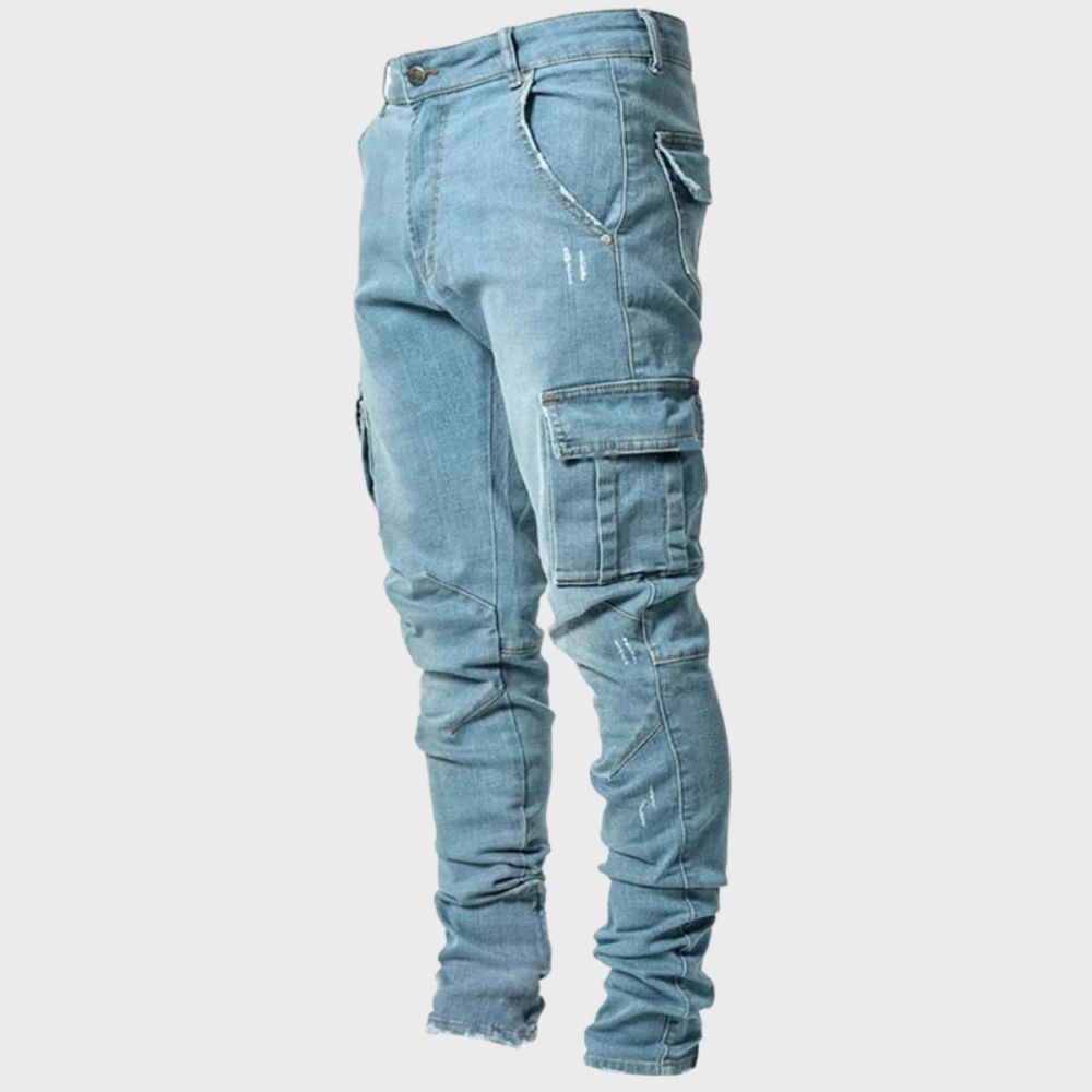 Heren Skinny Cargo Jeans Spijkerbroek Klepzakken
