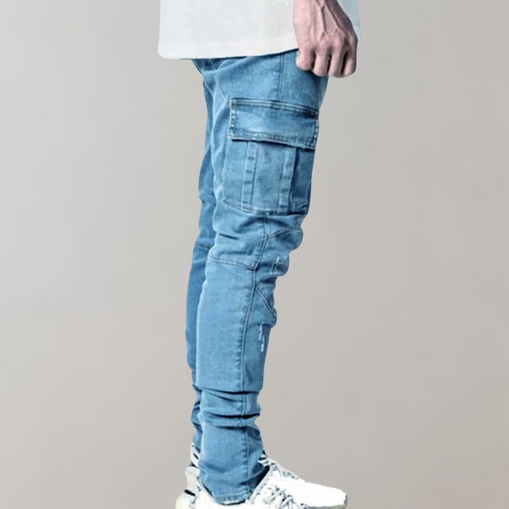 Heren Skinny Cargo Jeans Spijkerbroek Klepzakken