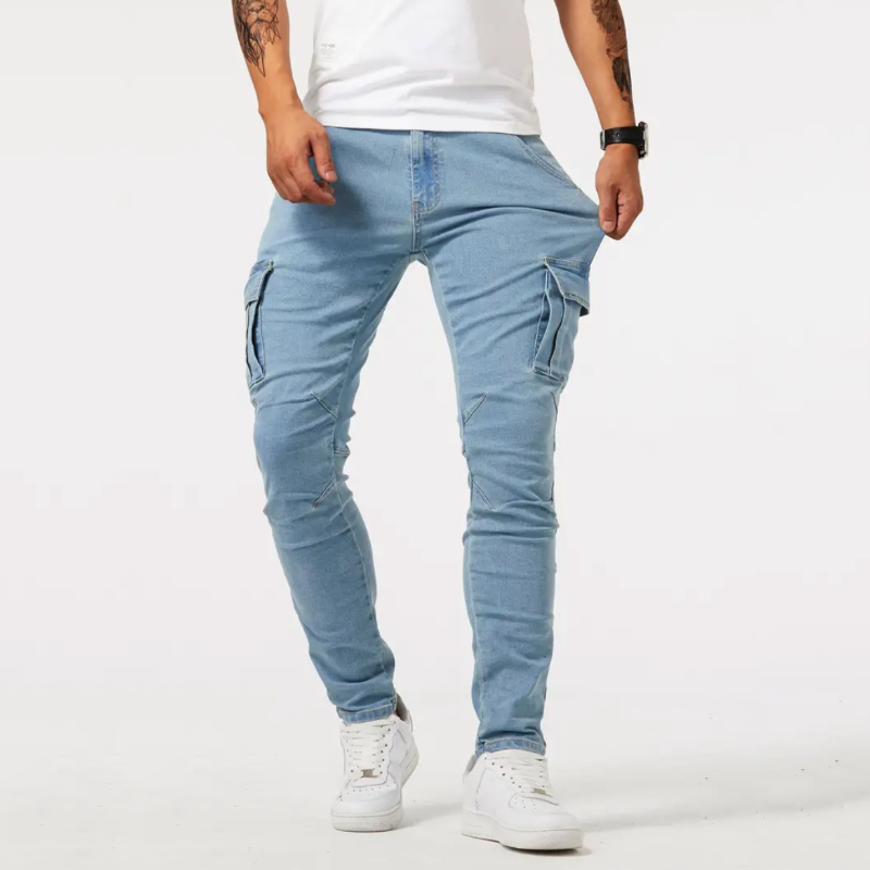 Heren Slim Fit Cargo Jeans Spijkerbroek Klepzakken