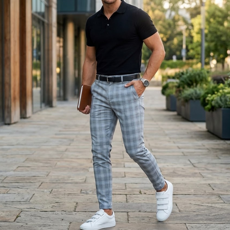 Heren Slim Fit Geruite Chino Broek Ruitpatroon Modehuis-Nederland