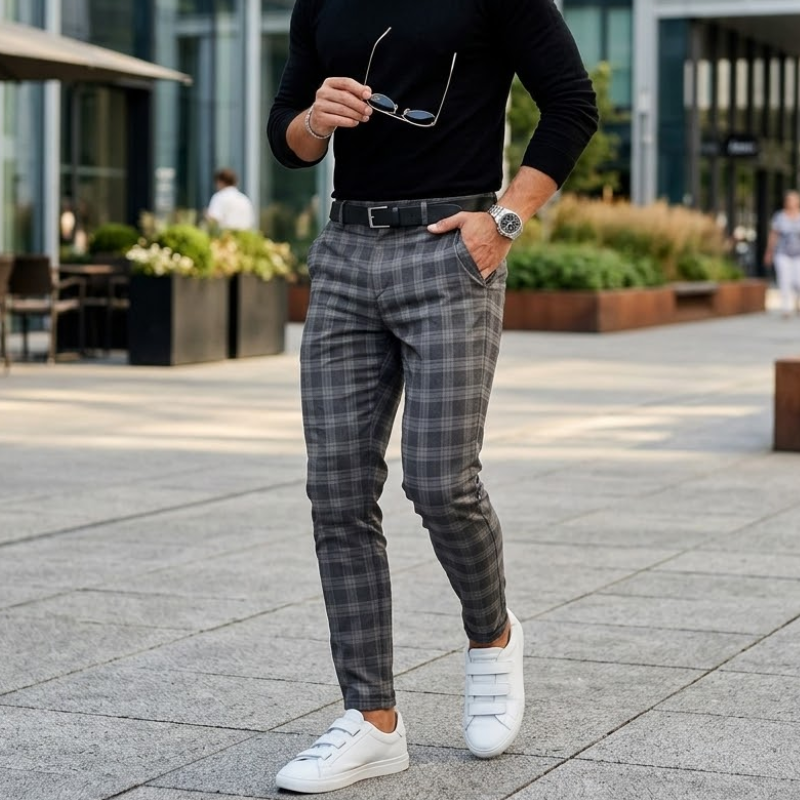 Heren Slim Fit Geruite Chino Broek Ruitpatroon Modehuis-Nederland