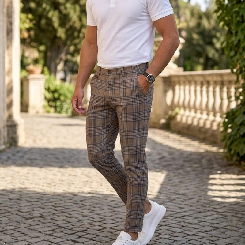 Heren Slim Fit Geruite Chino Broek Ruitpatroon Modehuis-Nederland