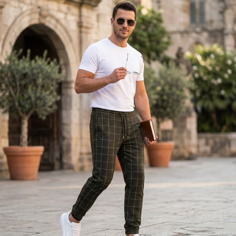 Heren Slim Fit Geruite Joggingbroek Trekkoord Modehuis-Nederland