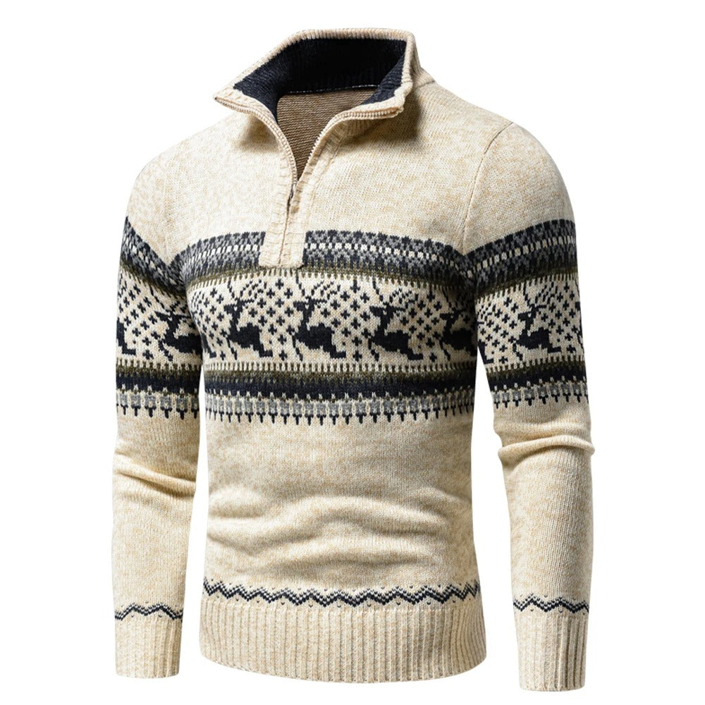 Heren Trui Met Halve Rits En Geribde Boorden in Beige