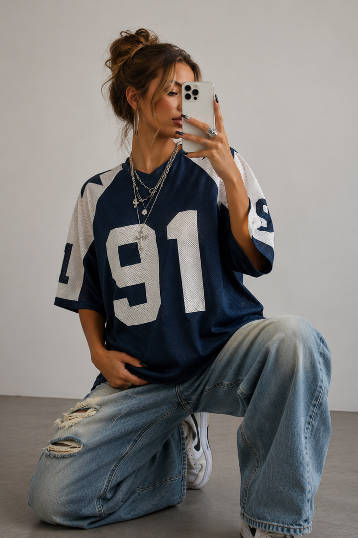 Dames oversized jersey shirt marineblauw met wit nummer 91