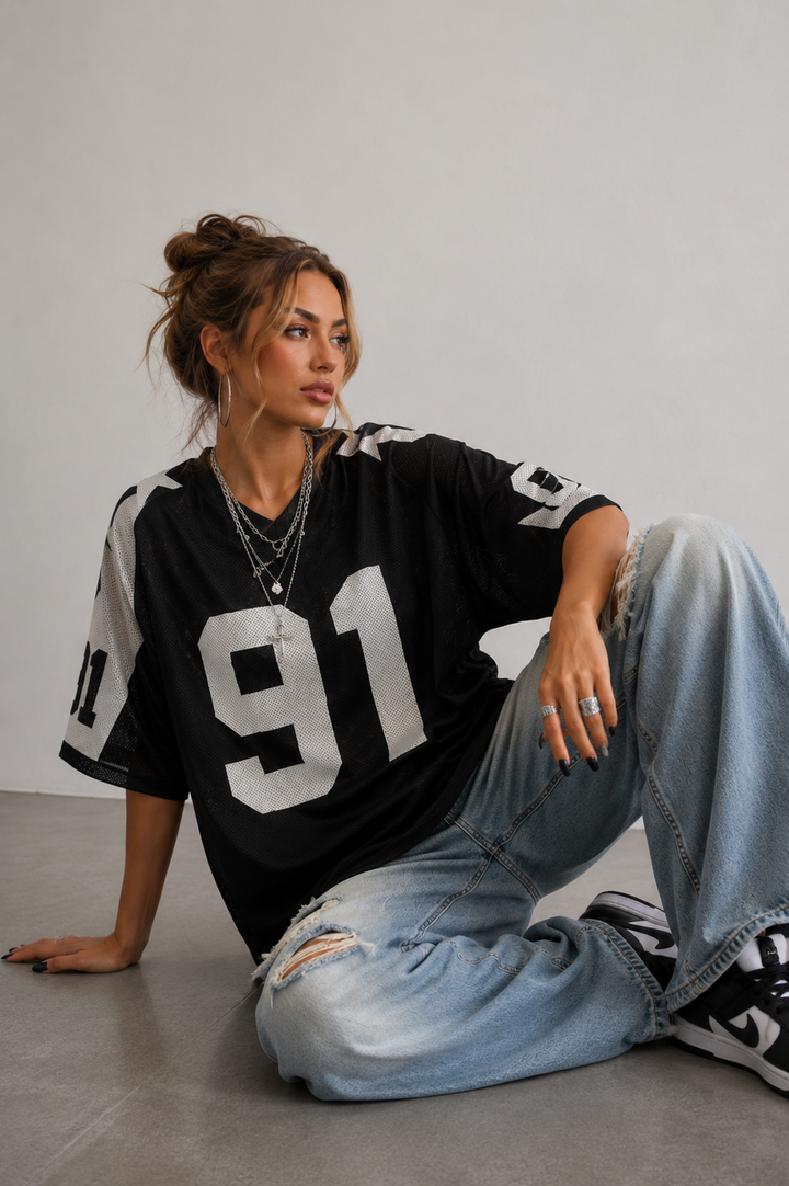 Dames oversized jersey shirt zwart met wit nummer 91