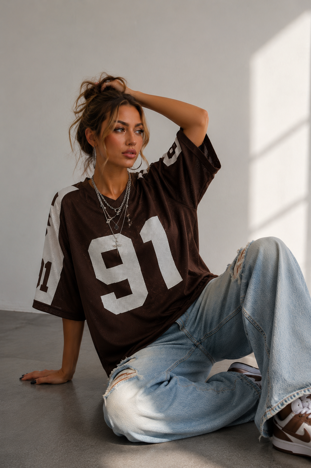 Dames oversized jersey shirt bruin met wit nummer 91
