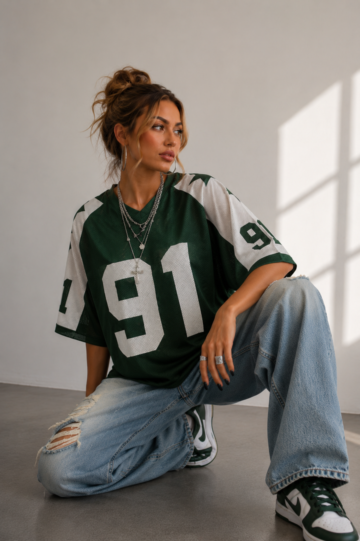 Dames oversized jersey shirt groen met wit nummer 91