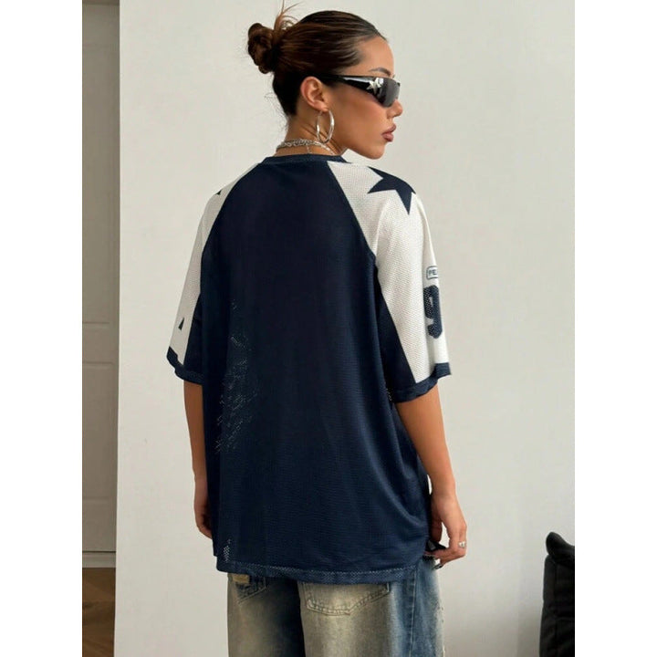 Dames oversized jersey shirt marineblauw achterkant met witte mouwen