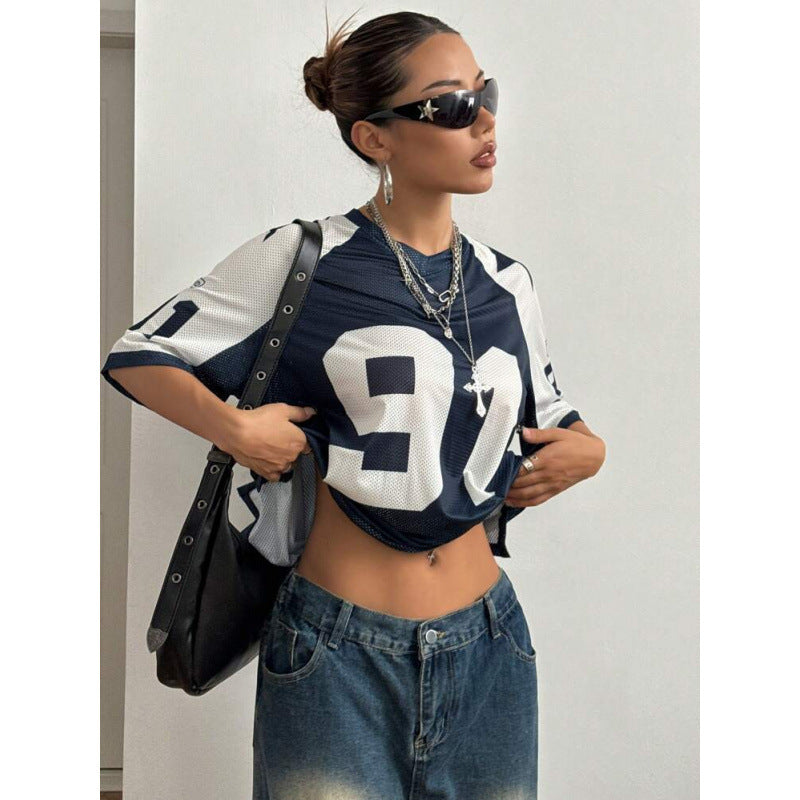 Dames oversized jersey shirt marineblauw half ingestopt