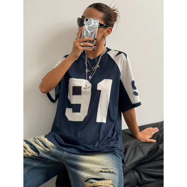 Dames oversized jersey shirt marineblauw met baggy jeans