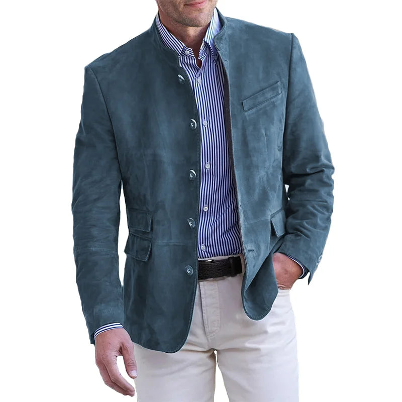 Heren Suèdelook Colbert Met Opstaande Kraag En Knoopsluiting in Blauw