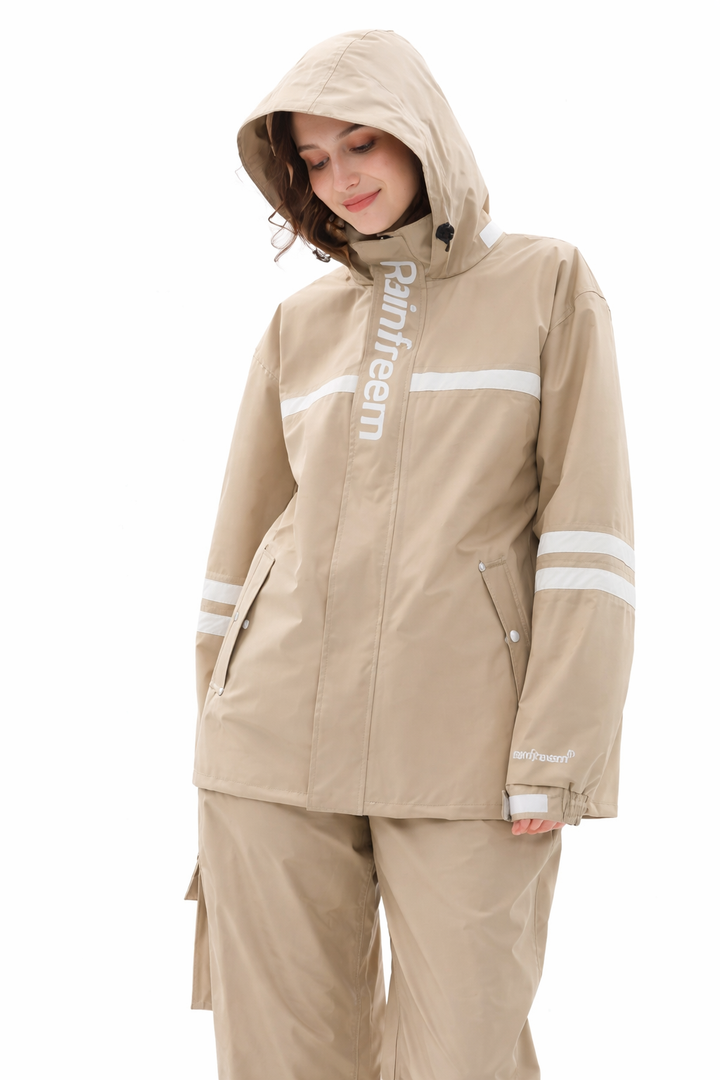 Dames regenpak khaki met capuchon en regenbroek