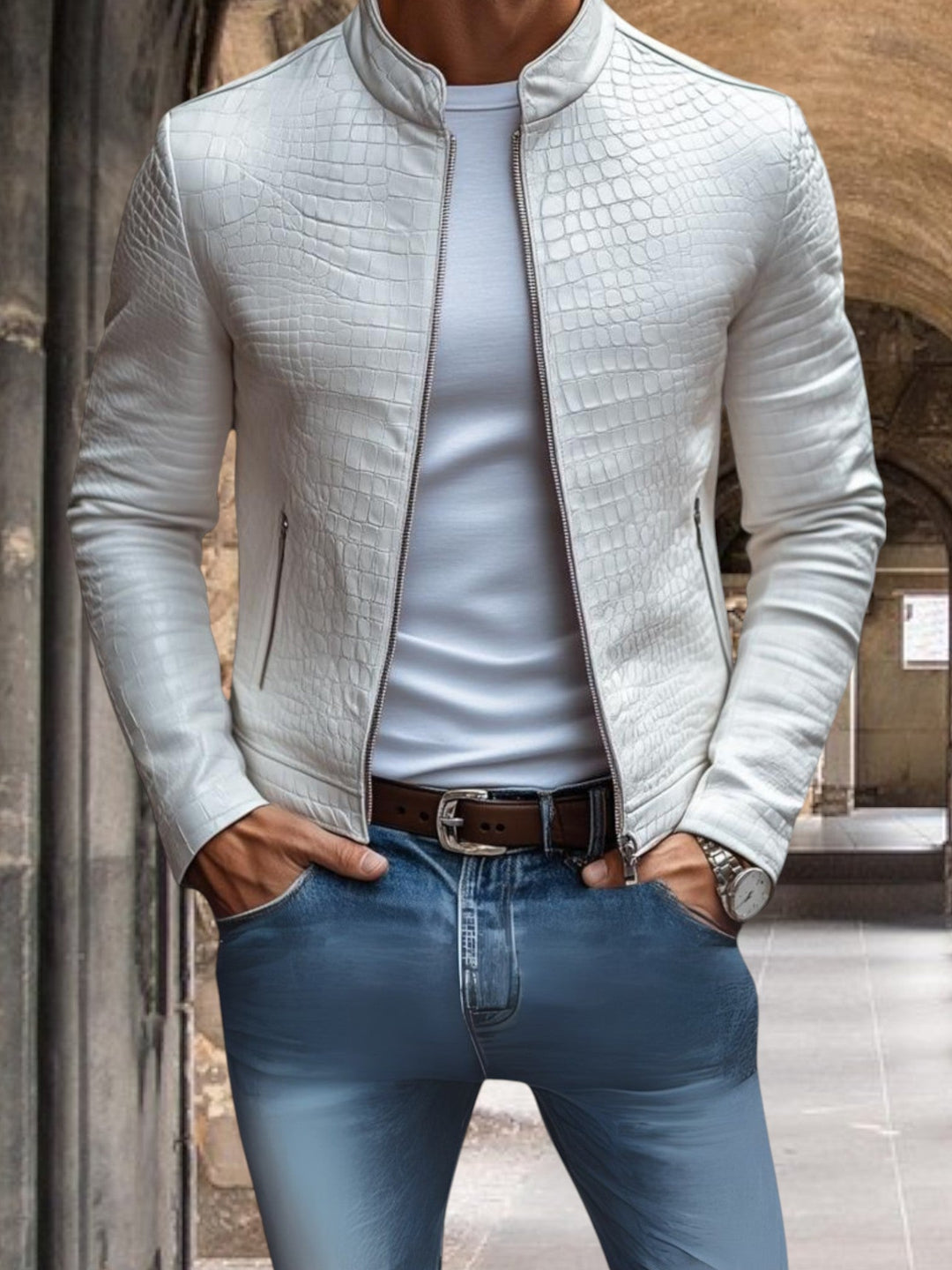 Heren Slim Fit Leerlook Jack Met Reliëfmotief En Opstaande Kraag in Wit