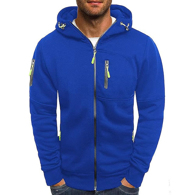 Heren Sportieve Hoodie Met Doorlopende Rits En Ritszakken in Blauw