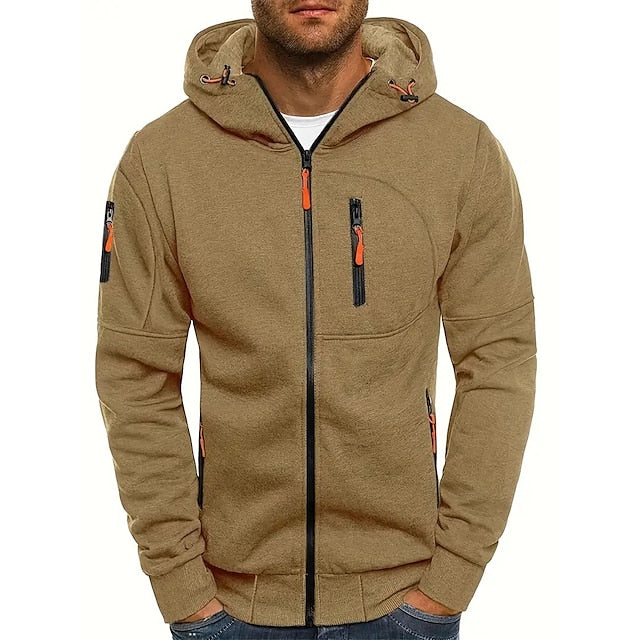 Heren Sportieve Hoodie Met Doorlopende Rits En Ritszakken in Khaki