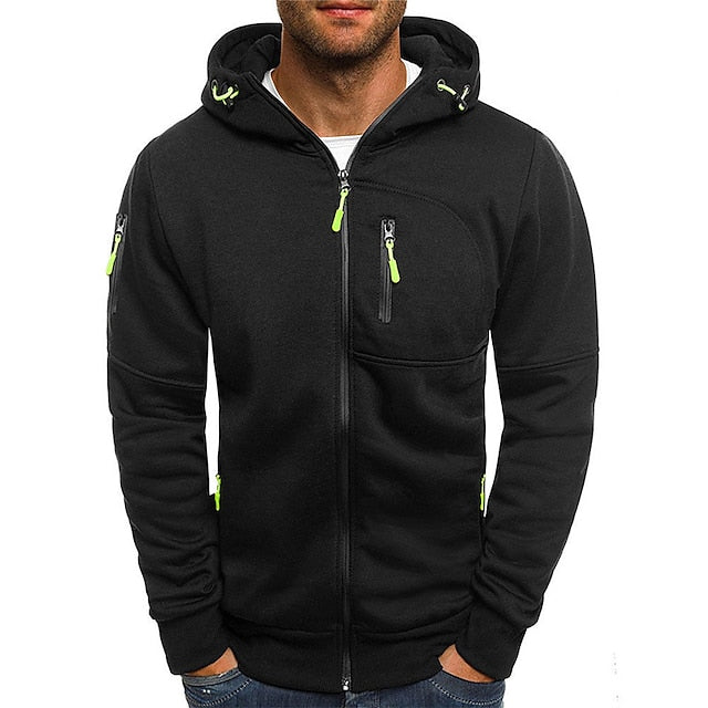 Heren Sportieve Hoodie Met Doorlopende Rits En Ritszakken in Zwart