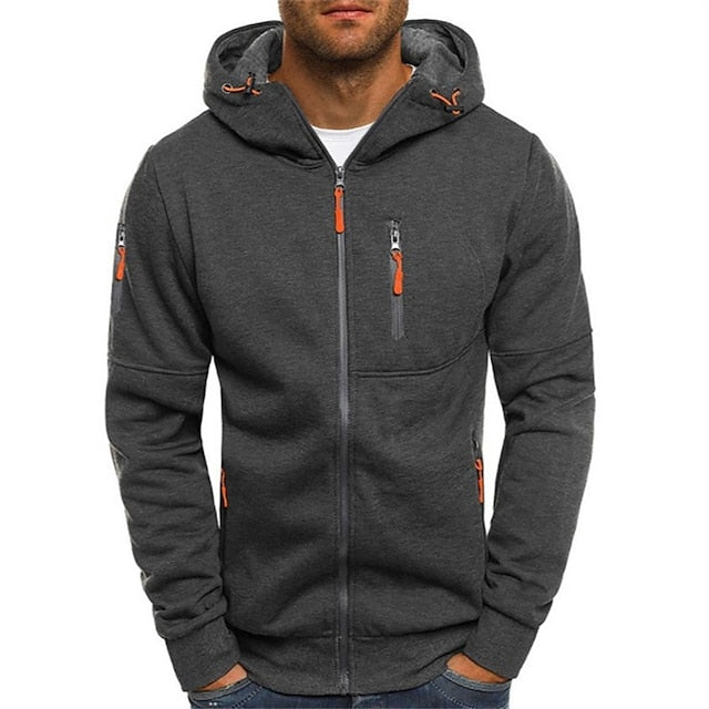 Heren Sportieve Hoodie Met Doorlopende Rits En Ritszakken in Donkergrijs