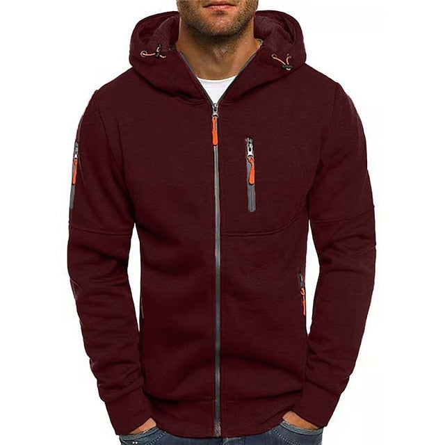 Heren Sportieve Hoodie Met Doorlopende Rits En Ritszakken in Donkerrood