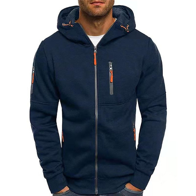 Heren Sportieve Hoodie Met Doorlopende Rits En Ritszakken in Donkerblauw