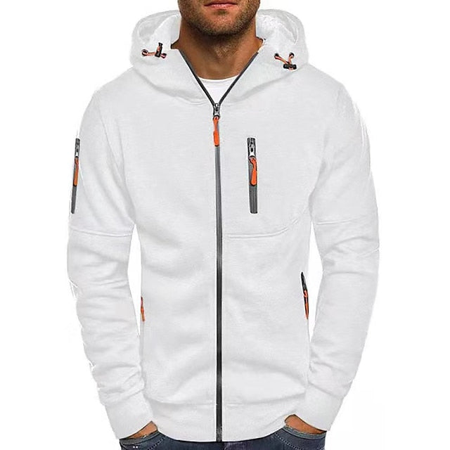 Heren Sportieve Hoodie Met Doorlopende Rits En Ritszakken in Wit