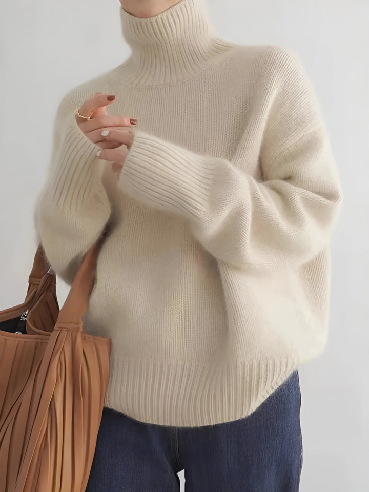 Dames Zachte Gebreide Coltrui Met Losse Pasvorm En Ribboorden in Beige