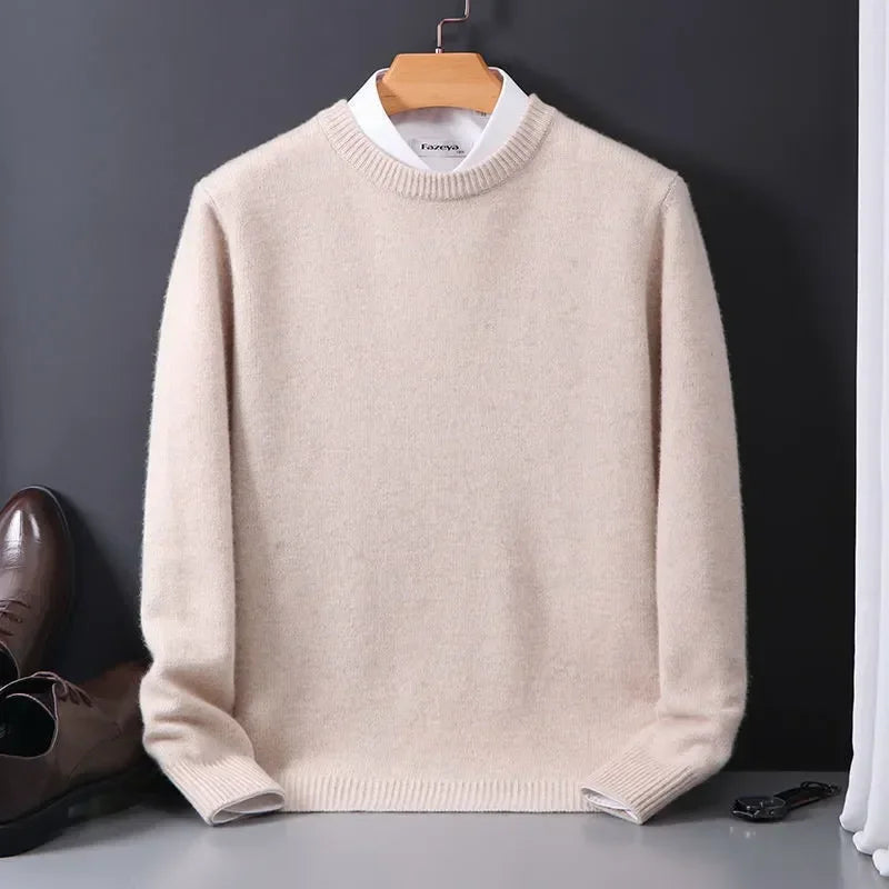 Heren Zacht Gebreide Pullover Met Ronde Hals En Rechte Snit in Beige