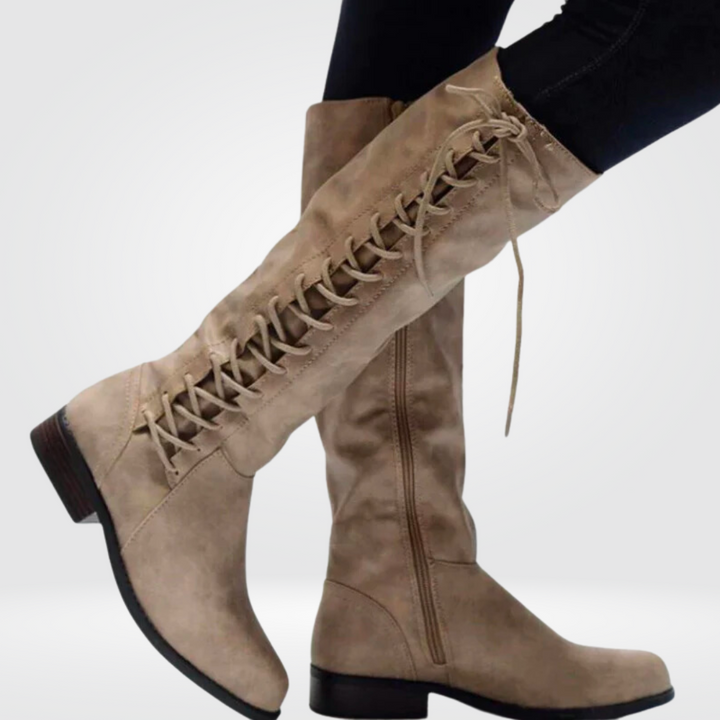 Dames Kniehoge Laarzen Met Veterdetail En Lage Blokhak in Beige