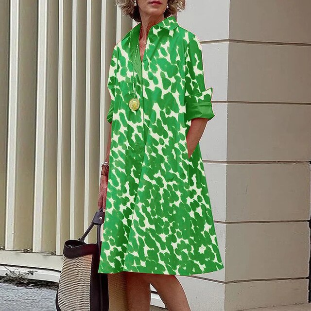 Dames blousejurk met overhemdkraag in Groen met witte print
