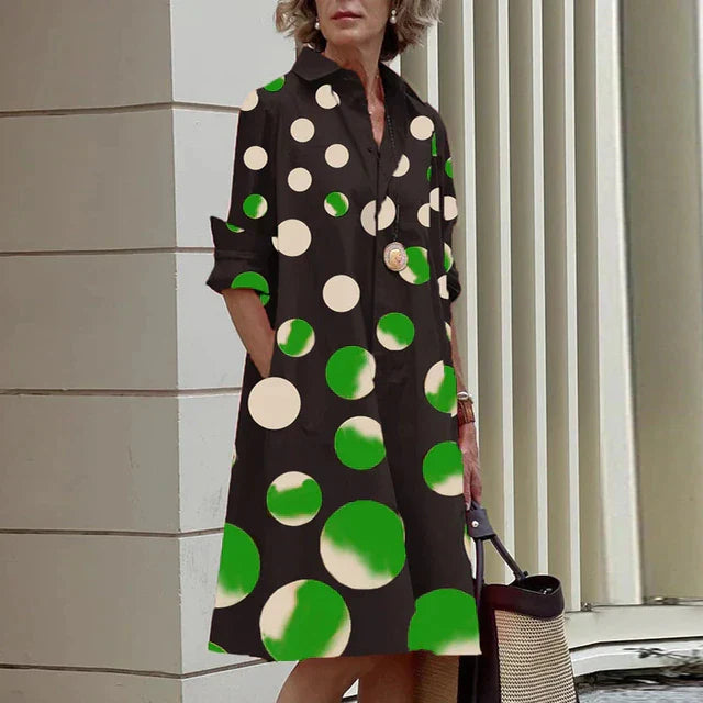 Dames blousejurk met overhemdkraag in Bruin/Groen met stippen