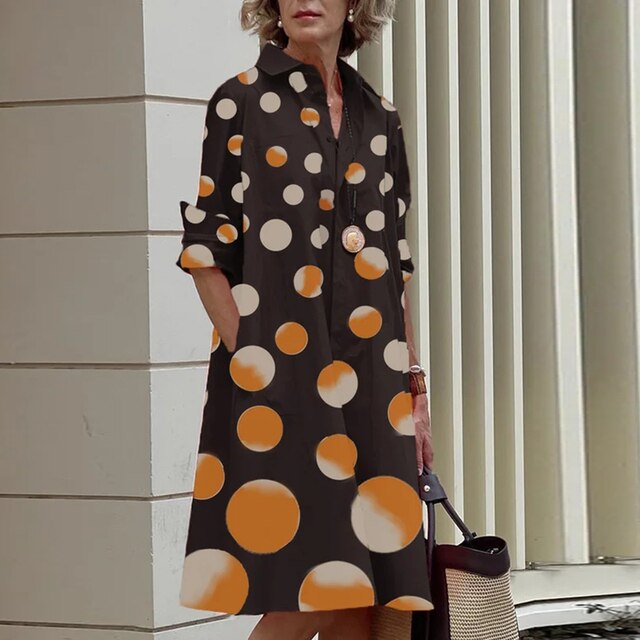 Dames blousejurk met overhemdkraag in Bruin/Oranje met stippen