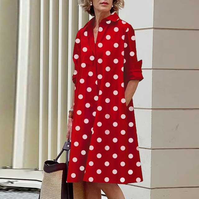 Dames blousejurk met overhemdkraag in Rood/Wit met stippen