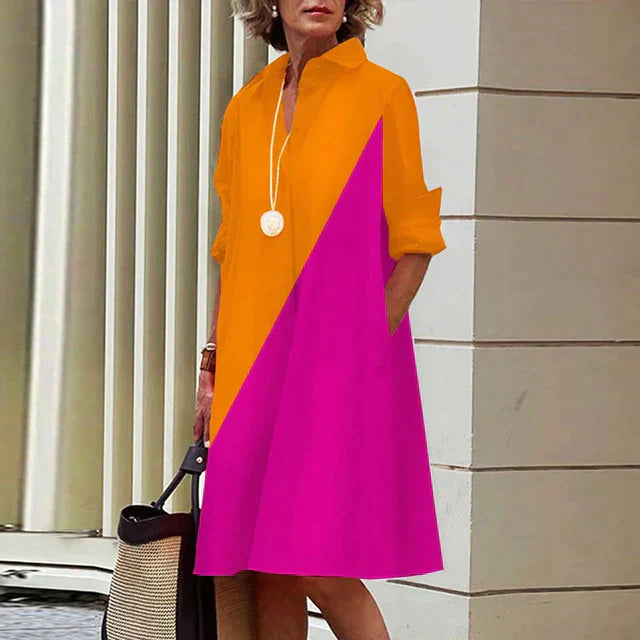 Dames Knielange Blousejurk Met Overhemdkraag En Lange Mouwen in Oranje/Roze