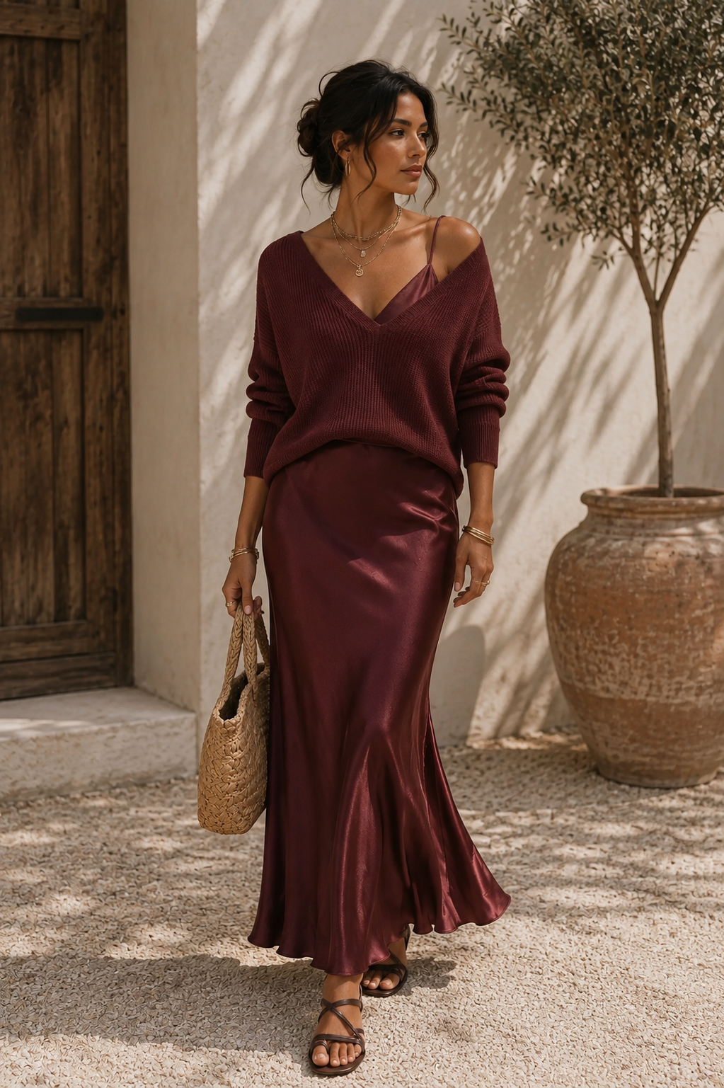 Dames set met maxi slipjurk en gebreide trui in Bordeaux