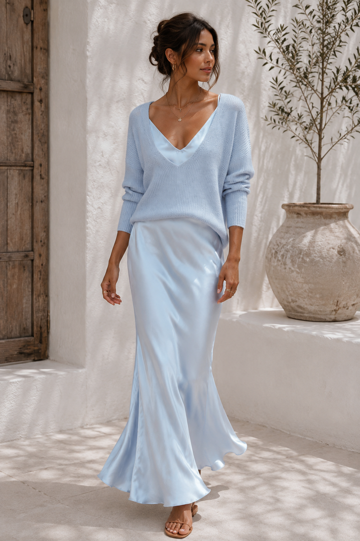 Dames set met maxi slipjurk en gebreide trui in Lichtblauw