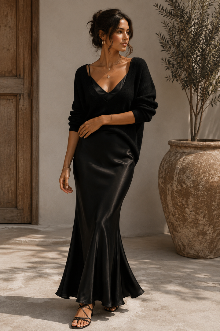 Dames set met maxi slipjurk en gebreide trui in Zwart