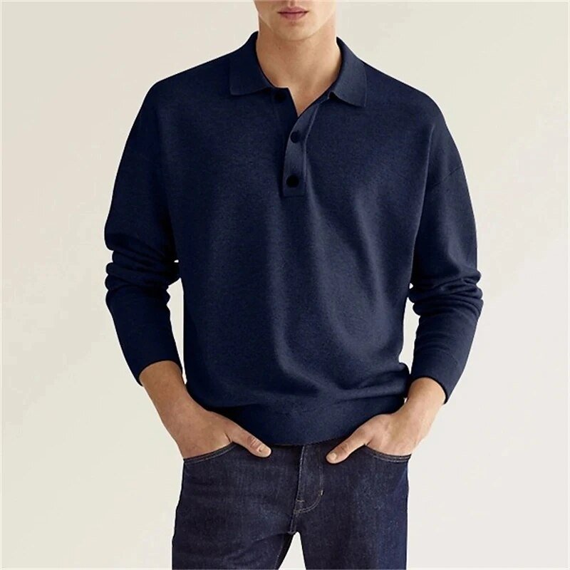 Heren Fijngebreide Polo Met Lange Mouwen En Knoopsluiting in Marineblauw