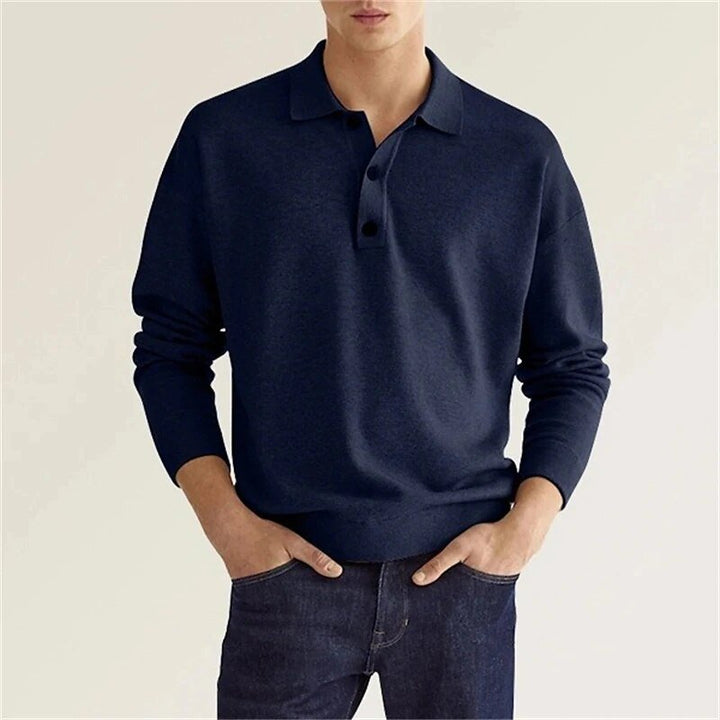 Heren Fijngebreide Polo Met Lange Mouwen En Knoopsluiting in Marineblauw