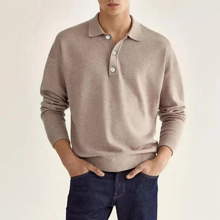 Heren Fijngebreide Polo Met Lange Mouwen En Knoopsluiting in Beige
