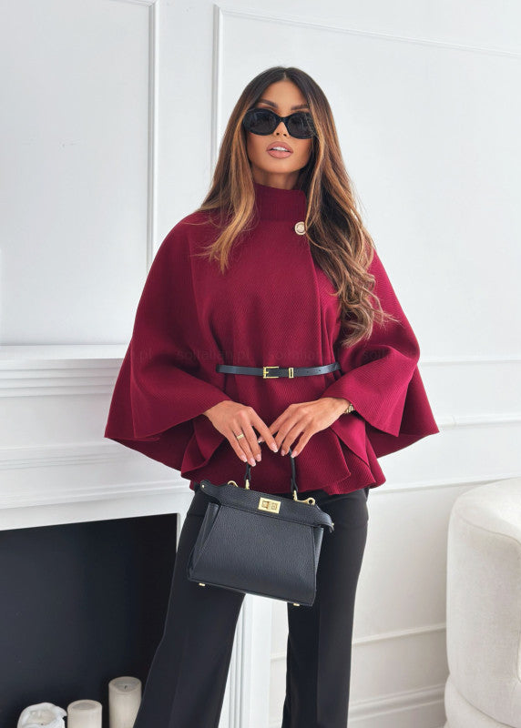 Dames cape top met opstaande kraag en riem in Bordeaux