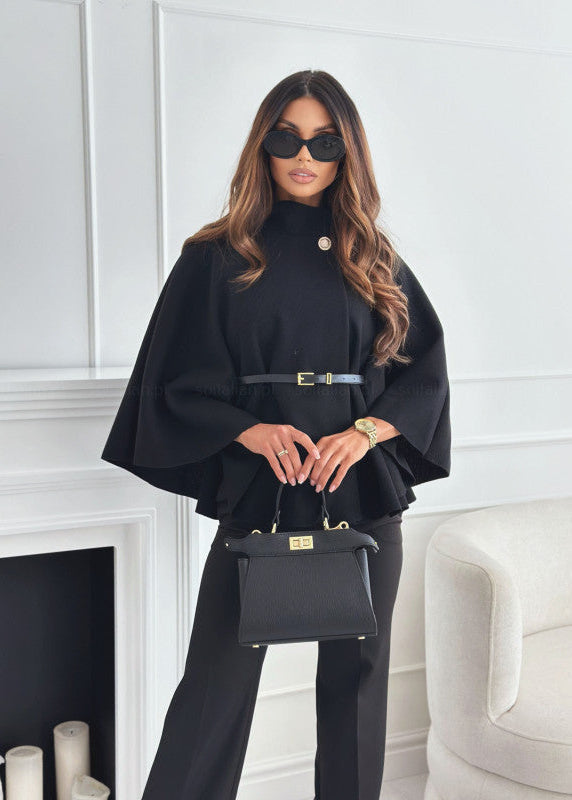 Dames cape top met opstaande kraag in Zwart, volledige look