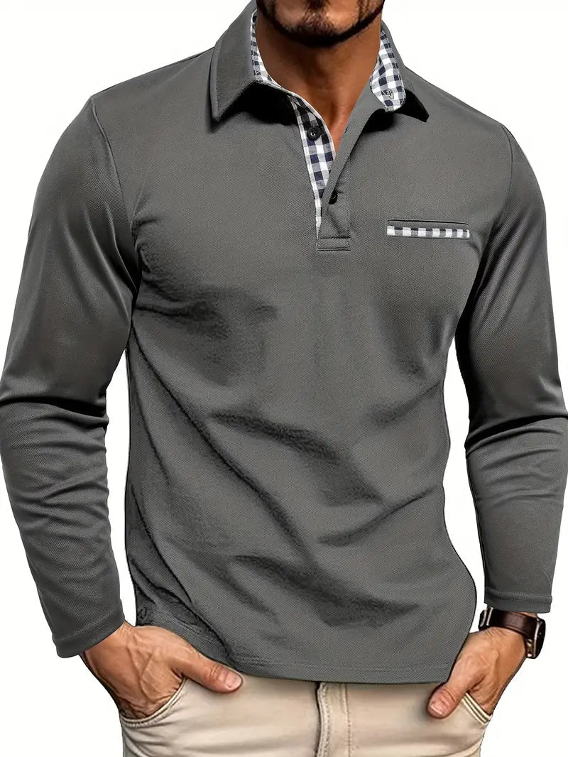 Heren Polo Met Lange Mouwen En Geruit Contrastdetail in Grijs