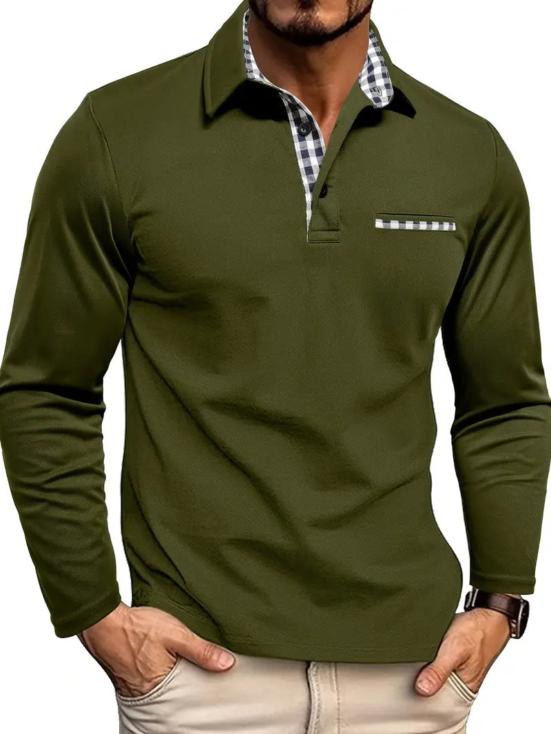 Heren Polo Met Lange Mouwen En Geruit Contrastdetail in Groen