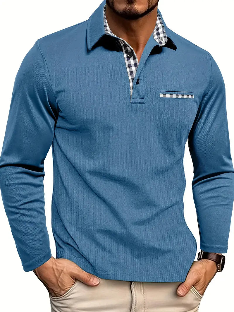 Heren Polo Met Lange Mouwen En Geruit Contrastdetail in Blauw