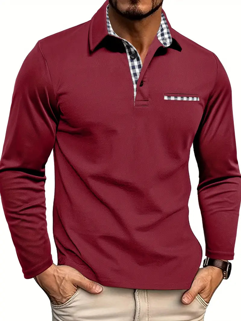 Heren Polo Met Lange Mouwen En Geruit Contrastdetail in Rood
